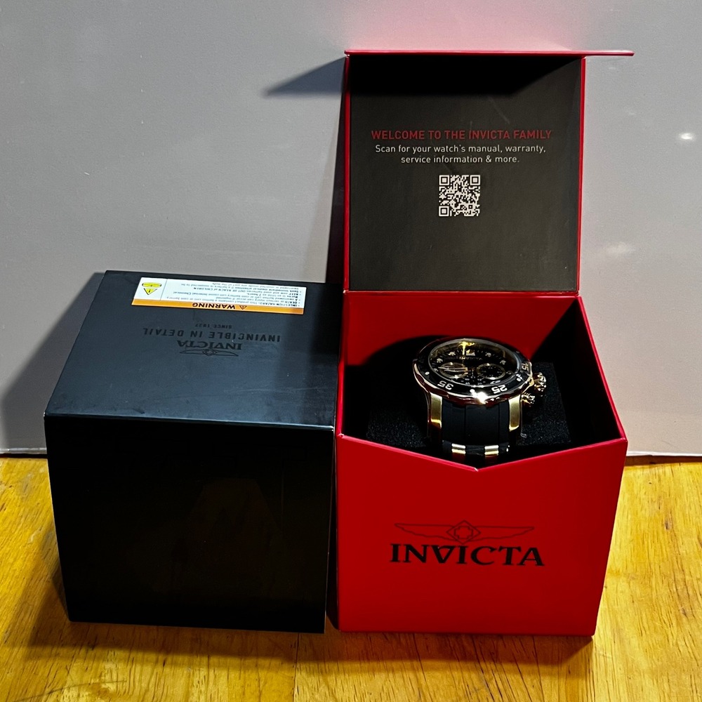 Invicta Mens Pro Diver Chronograph Watch Black Gold Silicone Strap New